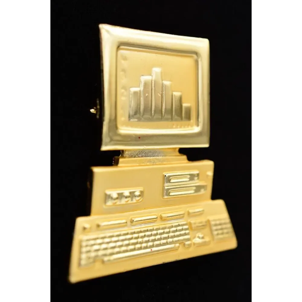 AJC Vintage Computer Pin Brooch Desktop Charts Graphs Signed NOS 1980s BinA10